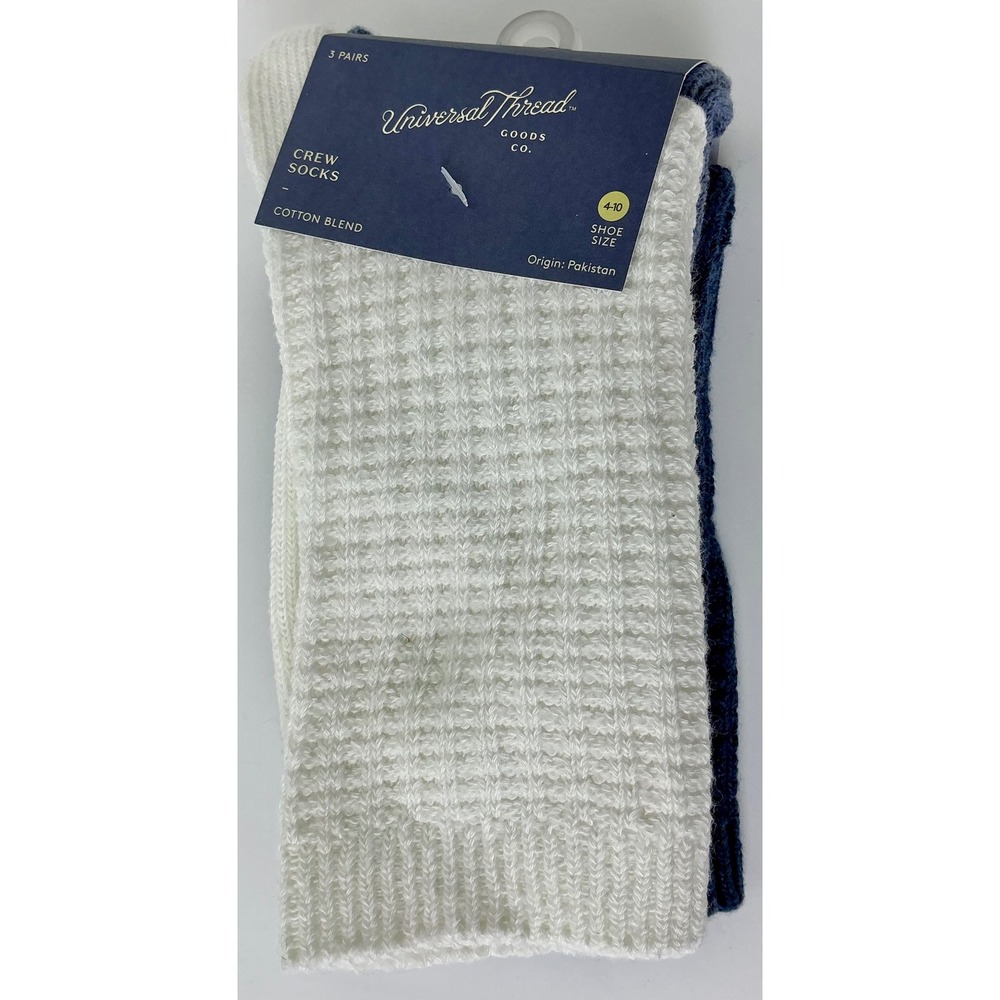 Universal Thread Crew Socks 3 Pairs White Blue Cotton Blend Womens 4-10